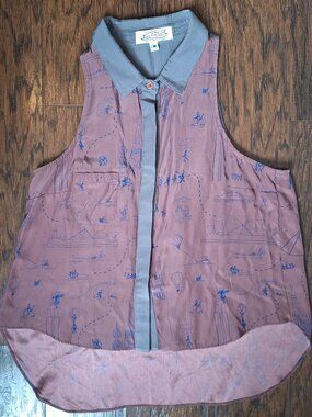 IGWT Rare Silk Button-up Sleeveless Collared Top Travel Print Size M
